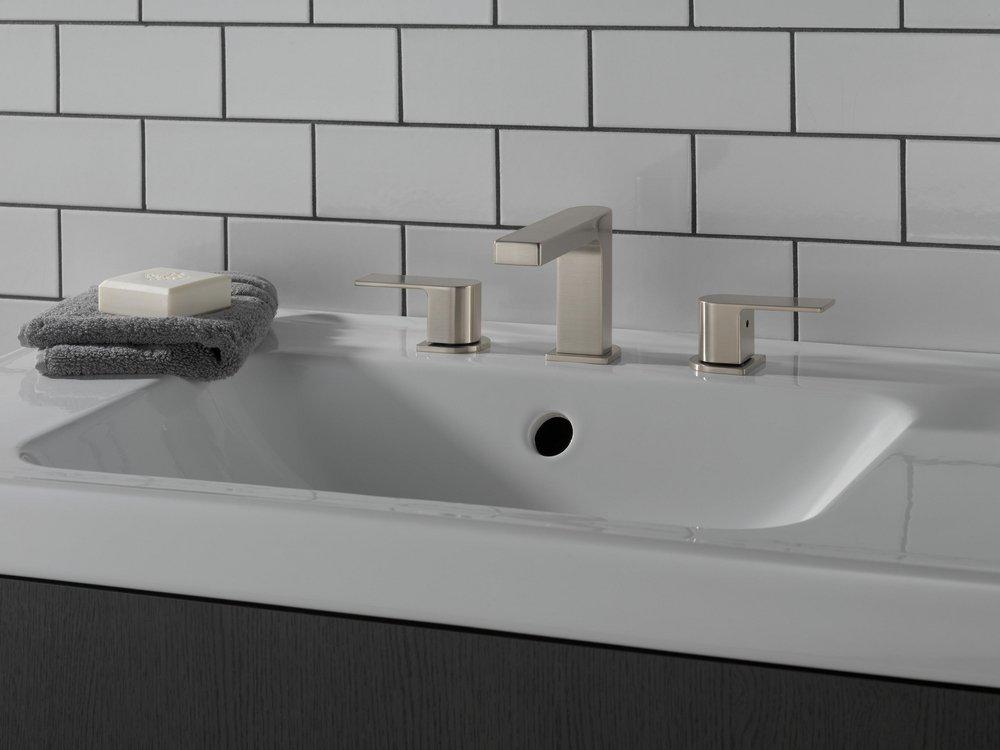 Peerless&reg; Brushed Nickel Two Handle Widespread Bathroom Sink Faucet Lever Handle 