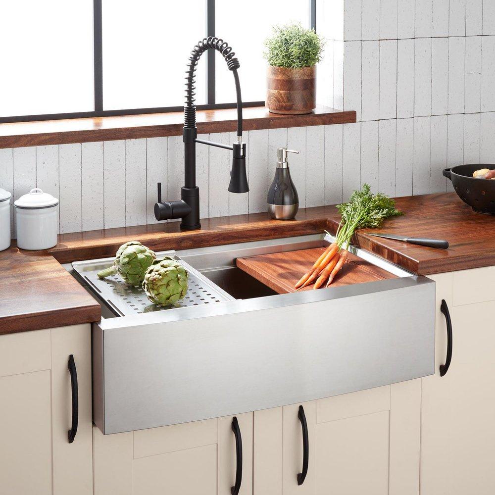 Signature Hardware Brushed Stainless Steel 32-1/2 x 21-3/4 in. Stainless Steel Single Bowl Farmhouse Workstation Kitchen Sink 