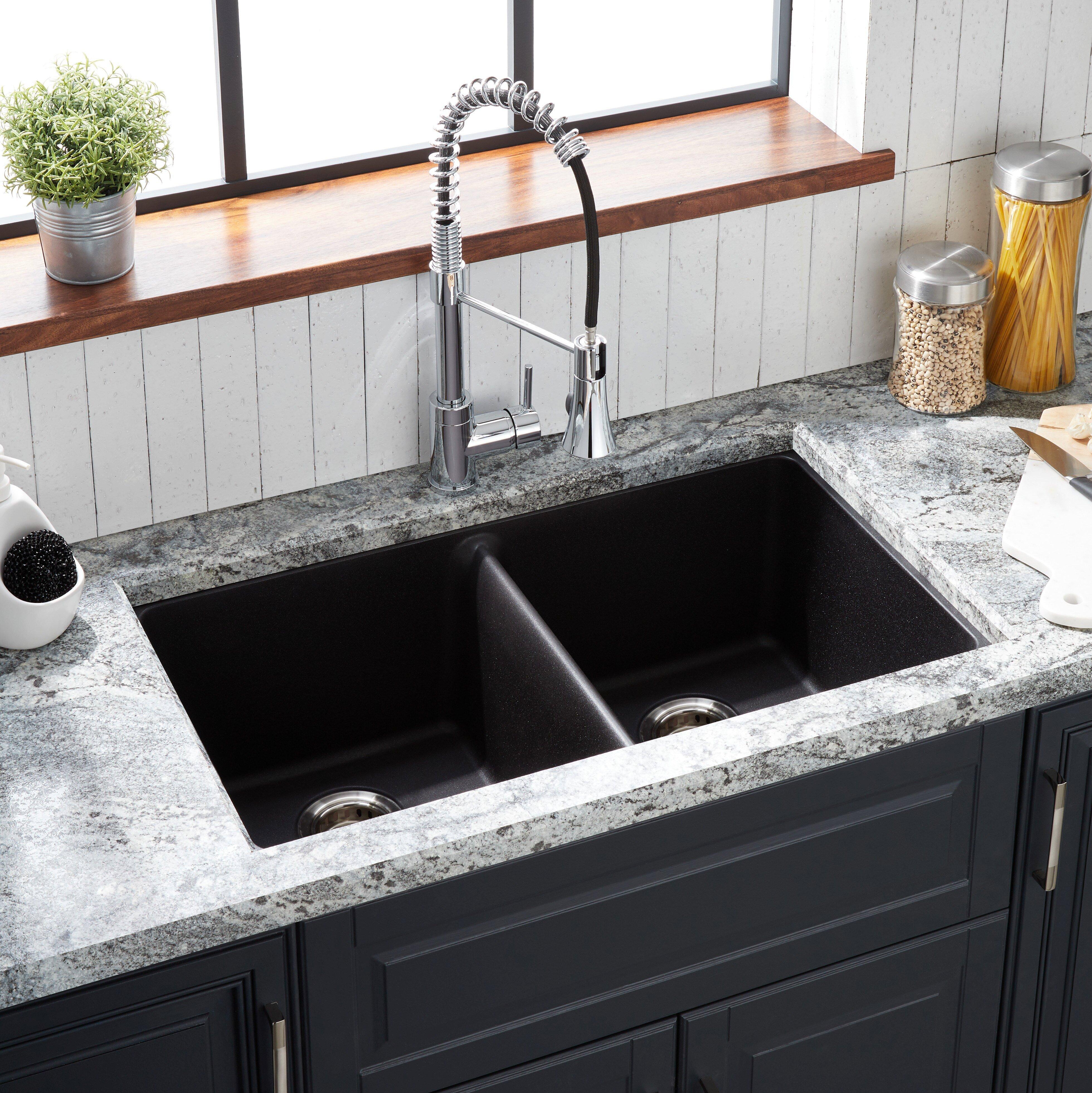 Signature Hardware Black 33 x 22 in. No Hole Composite Double Bowl Dual Mount Kitchen Sink 