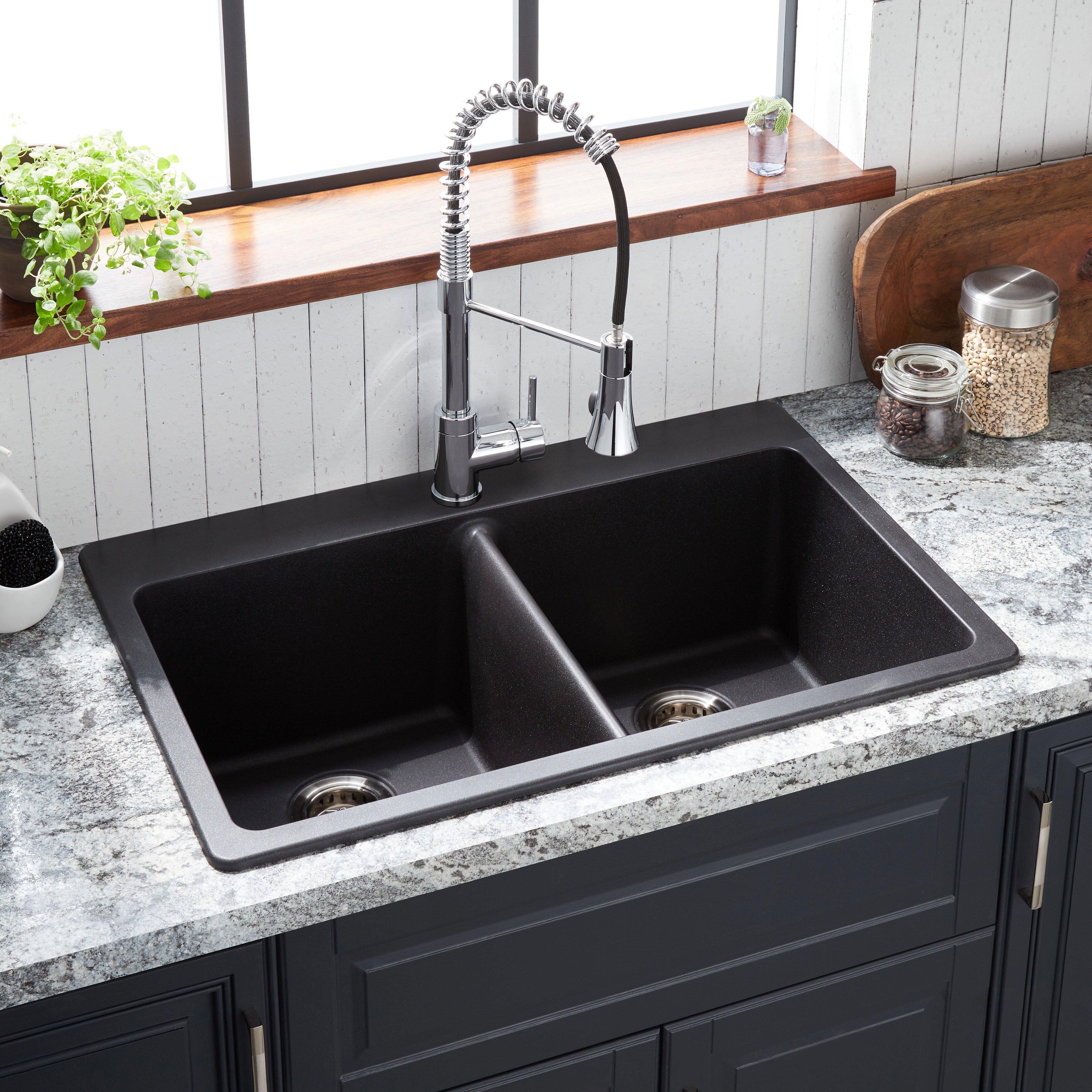Signature Hardware Black 33 x 22 in. No Hole Composite Double Bowl Dual Mount Kitchen Sink 