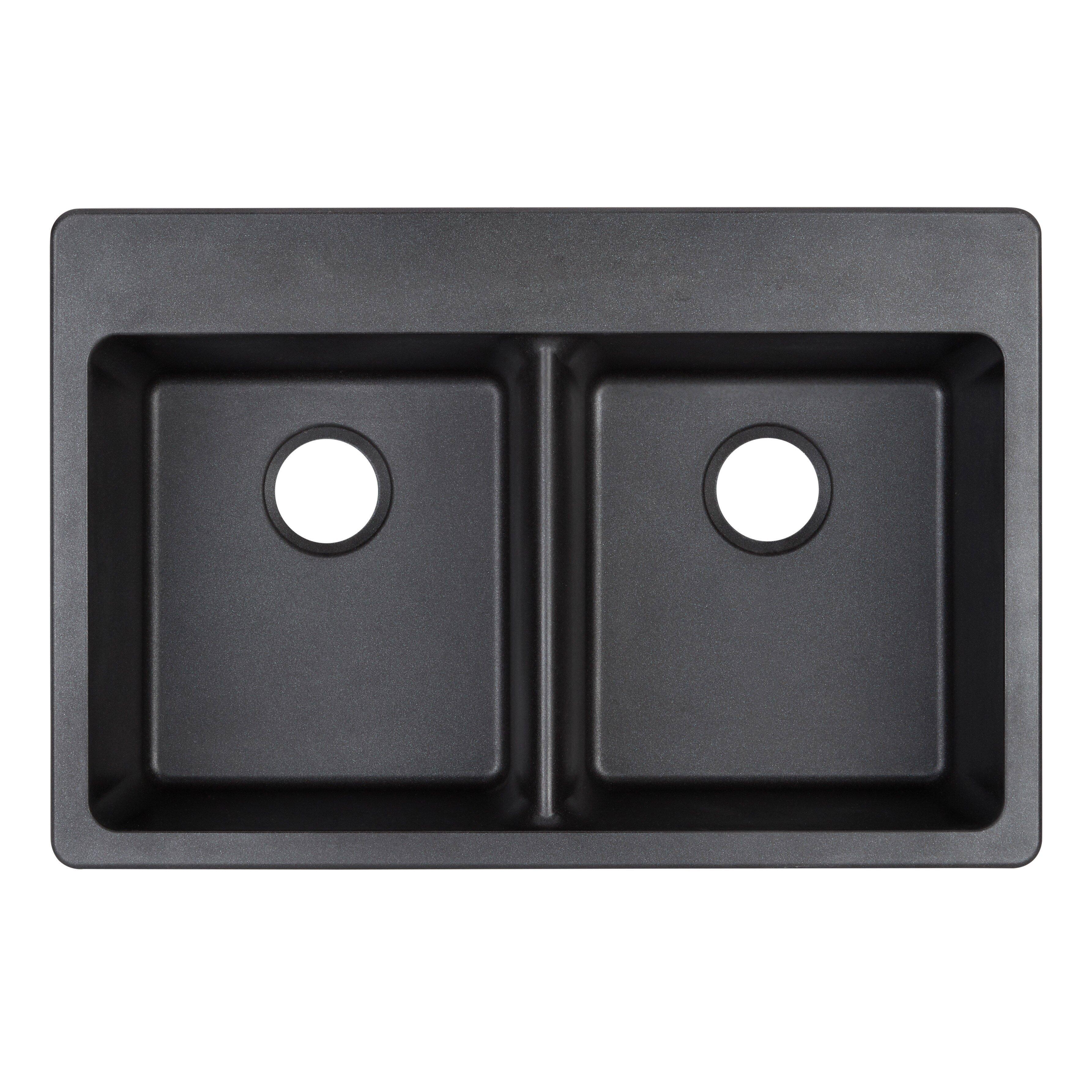 Signature Hardware Black 33 x 22 in. No Hole Composite Double Bowl Dual Mount Kitchen Sink 