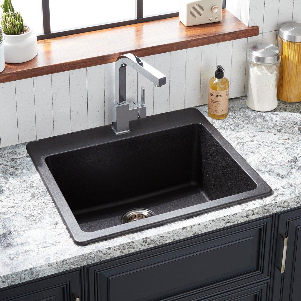 Signature Hardware Black 25 x 22 in. No Hole Granite Composite Single Bowl Dual Mount Kitchen Sink 