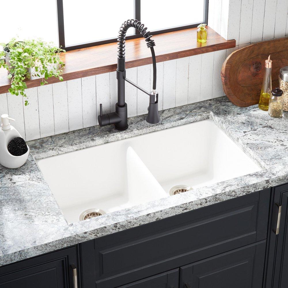 Signature Hardware White 33 x 22 in. No Hole Composite Double Bowl Dual Mount Kitchen Sink 