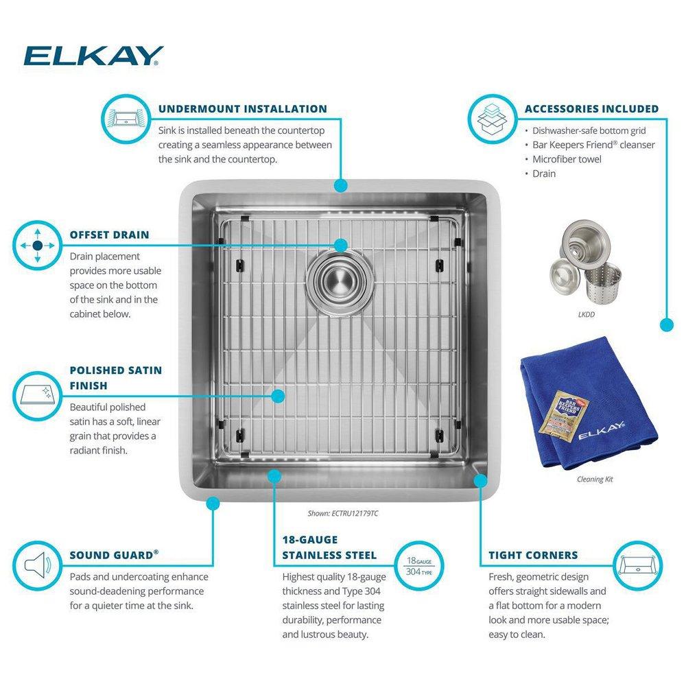 Elkay Polished Satin 18-1/2 x 18-1/2 in. No Hole Stainless Steel Single Bowl Undermount Kitchen Sink 