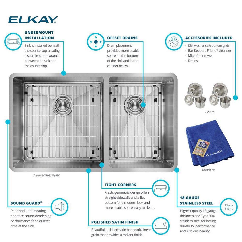 Elkay Polished Satin 31-1/2 x 18-1/2 in. No Hole Stainless Steel Double Bowl Undermount Kitchen Sink 