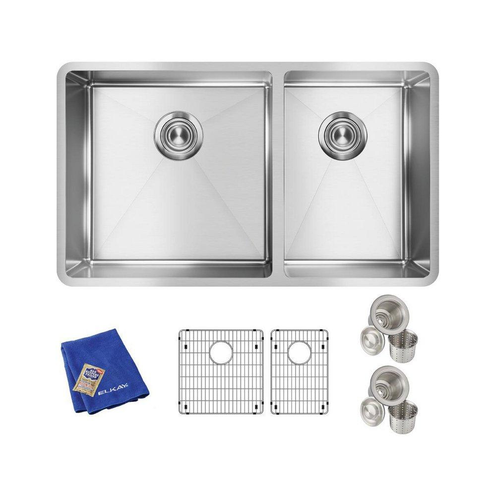 Elkay Polished Satin 31-1/2 x 18-1/2 in. No Hole Stainless Steel Double Bowl Undermount Kitchen Sink 