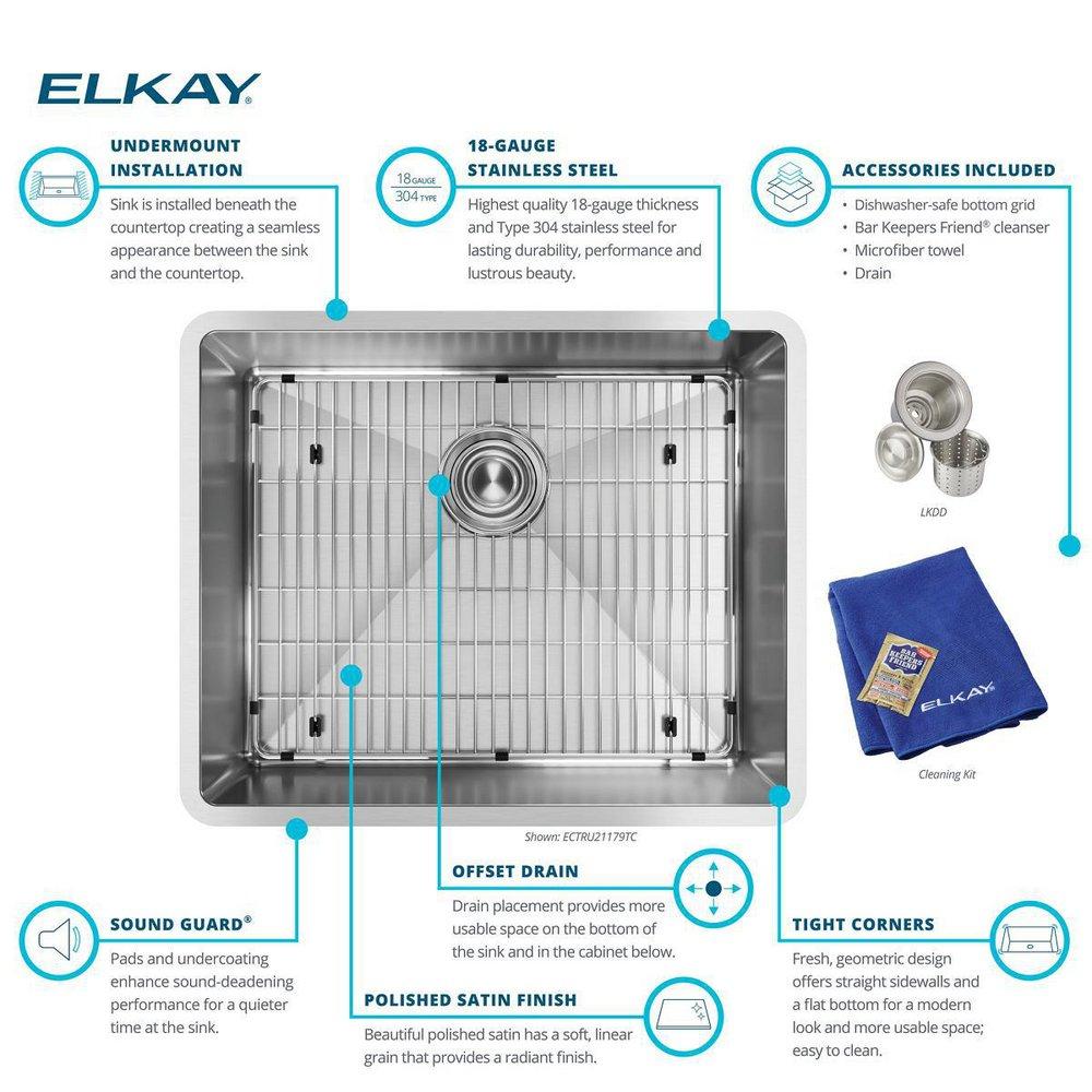 Elkay Polished Satin 22-1/2 x 18-1/2 in. No Hole Stainless Steel Single Bowl Undermount Kitchen Sink 