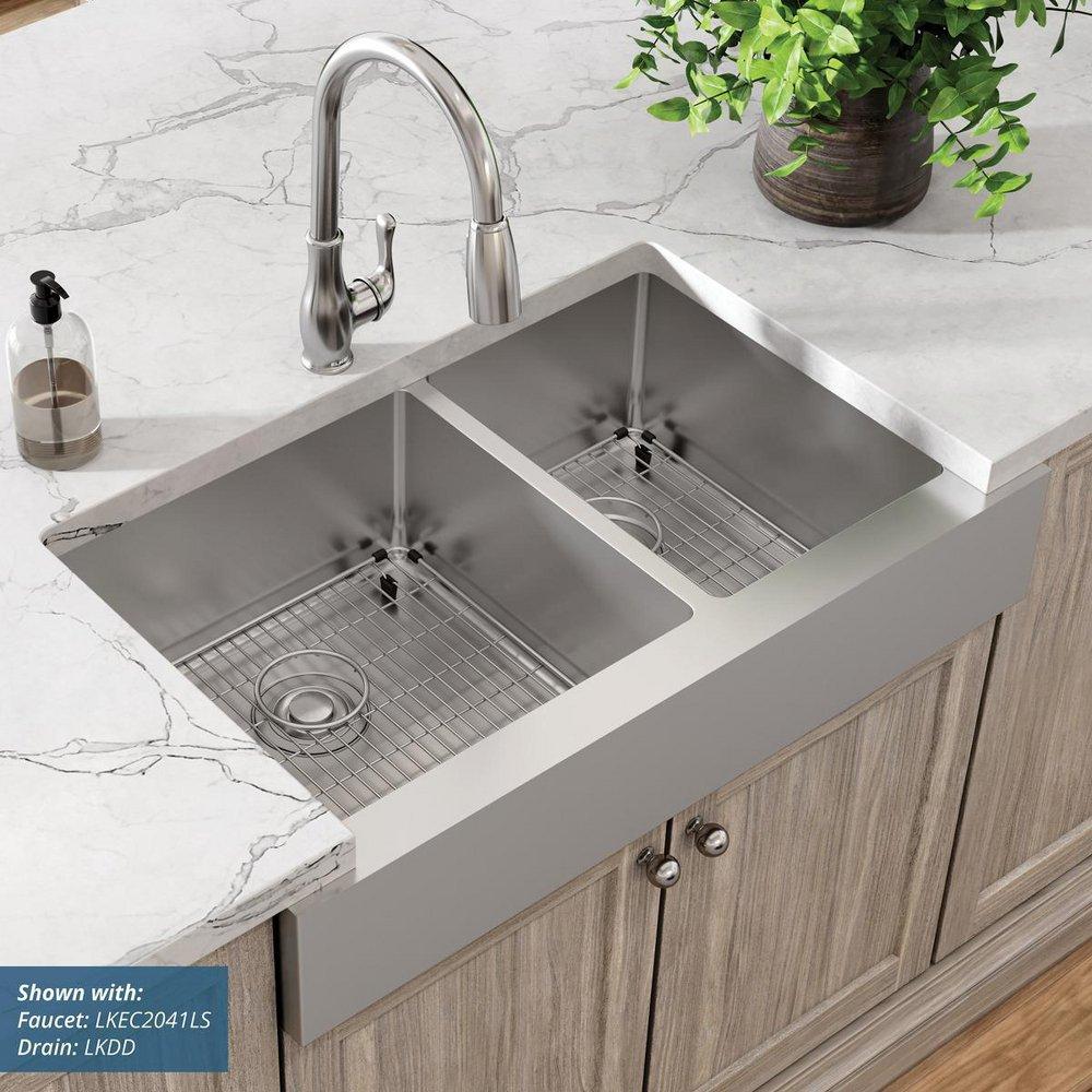 Elkay Polished Satin 35-7/8 x 20-1/4 in. Stainless Steel 60/40 Split Double Bowl Farmhouse Kitchen Sink with Sound Dampening - Includes Bottom Grids, Strainer Drains and Cleaning Kit 