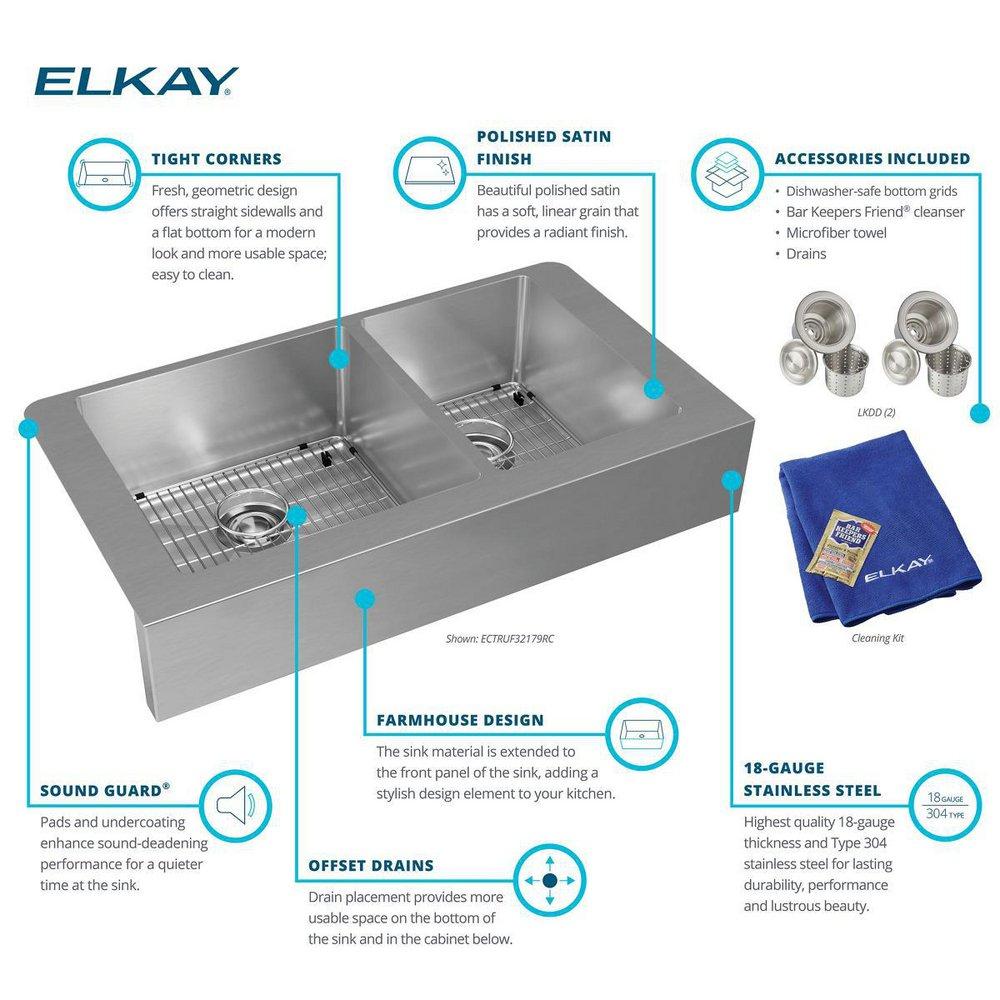 Elkay Polished Satin 35-7/8 x 20-1/4 in. Stainless Steel 60/40 Split Double Bowl Farmhouse Kitchen Sink with Sound Dampening - Includes Bottom Grids, Strainer Drains and Cleaning Kit 