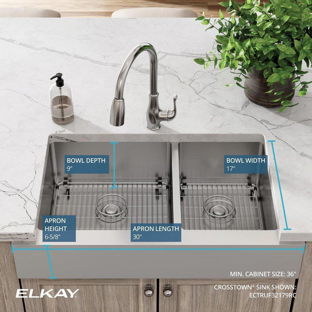 Elkay Polished Satin 35-7/8 x 20-1/4 in. Stainless Steel 60/40 Split Double Bowl Farmhouse Kitchen Sink with Sound Dampening - Includes Bottom Grids, Strainer Drains and Cleaning Kit 