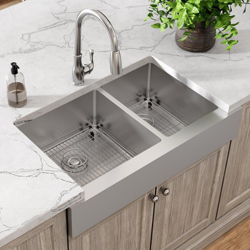 Elkay Polished Satin 35-7/8 x 20-1/4 in. Stainless Steel 60/40 Split Double Bowl Farmhouse Kitchen Sink with Sound Dampening - Includes Bottom Grids, Strainer Drains and Cleaning Kit 