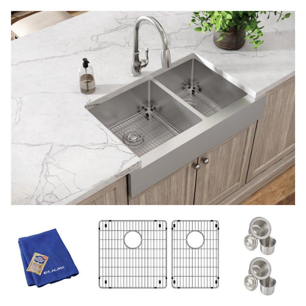 Elkay Polished Satin 35-7/8 x 20-1/4 in. Stainless Steel 60/40 Split Double Bowl Farmhouse Kitchen Sink with Sound Dampening - Includes Bottom Grids, Strainer Drains and Cleaning Kit 