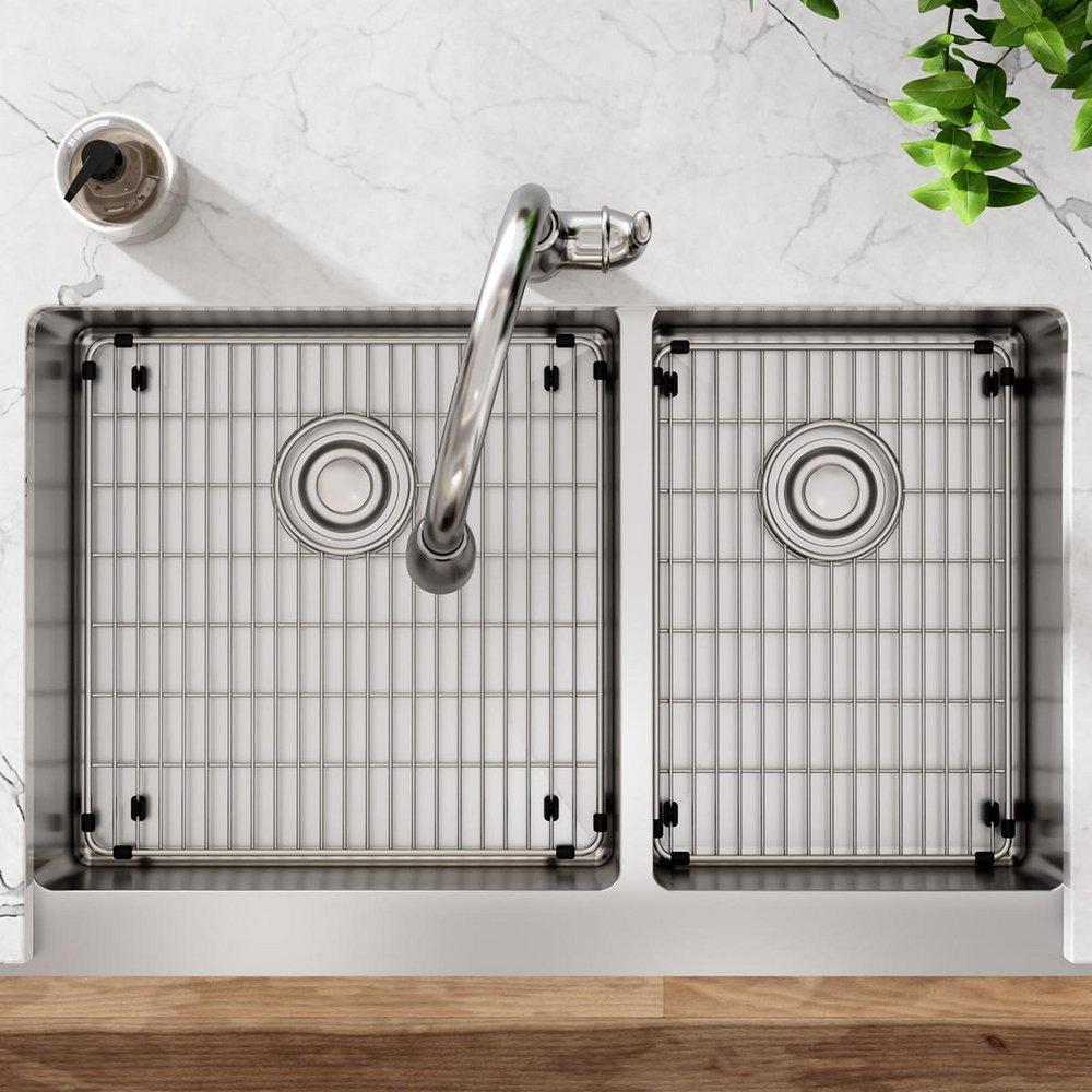 Elkay Polished Satin 35-7/8 x 20-1/4 in. Stainless Steel 60/40 Split Double Bowl Farmhouse Kitchen Sink with Sound Dampening - Includes Bottom Grids, Strainer Drains and Cleaning Kit 
