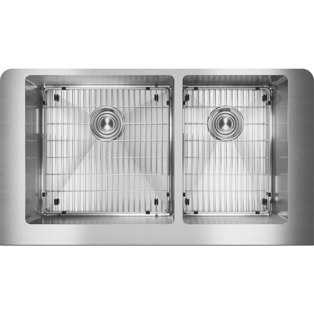 Elkay Polished Satin 35-7/8 x 20-1/4 in. Stainless Steel 60/40 Split Double Bowl Farmhouse Kitchen Sink with Sound Dampening - Includes Bottom Grids, Strainer Drains and Cleaning Kit 