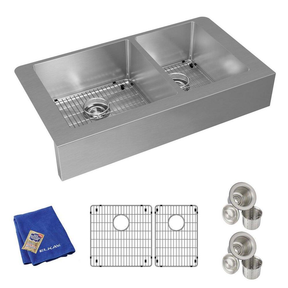 Elkay Polished Satin 35-7/8 x 20-1/4 in. Stainless Steel 60/40 Split Double Bowl Farmhouse Kitchen Sink with Sound Dampening - Includes Bottom Grids, Strainer Drains and Cleaning Kit 