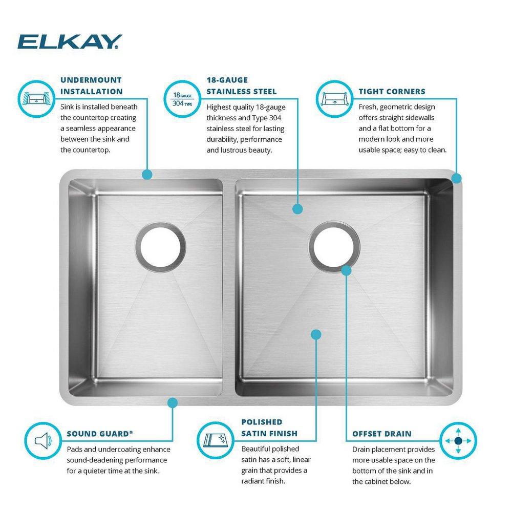 Elkay Polished Satin 31-1/2 x 18-1/2 in. No Hole Stainless Steel Double Bowl Undermount Kitchen Sink 