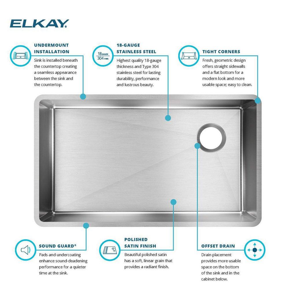 Elkay Polished Satin 31-1/2 x 18-1/2 in. No Hole Stainless Steel Single Bowl Undermount Kitchen Sink 