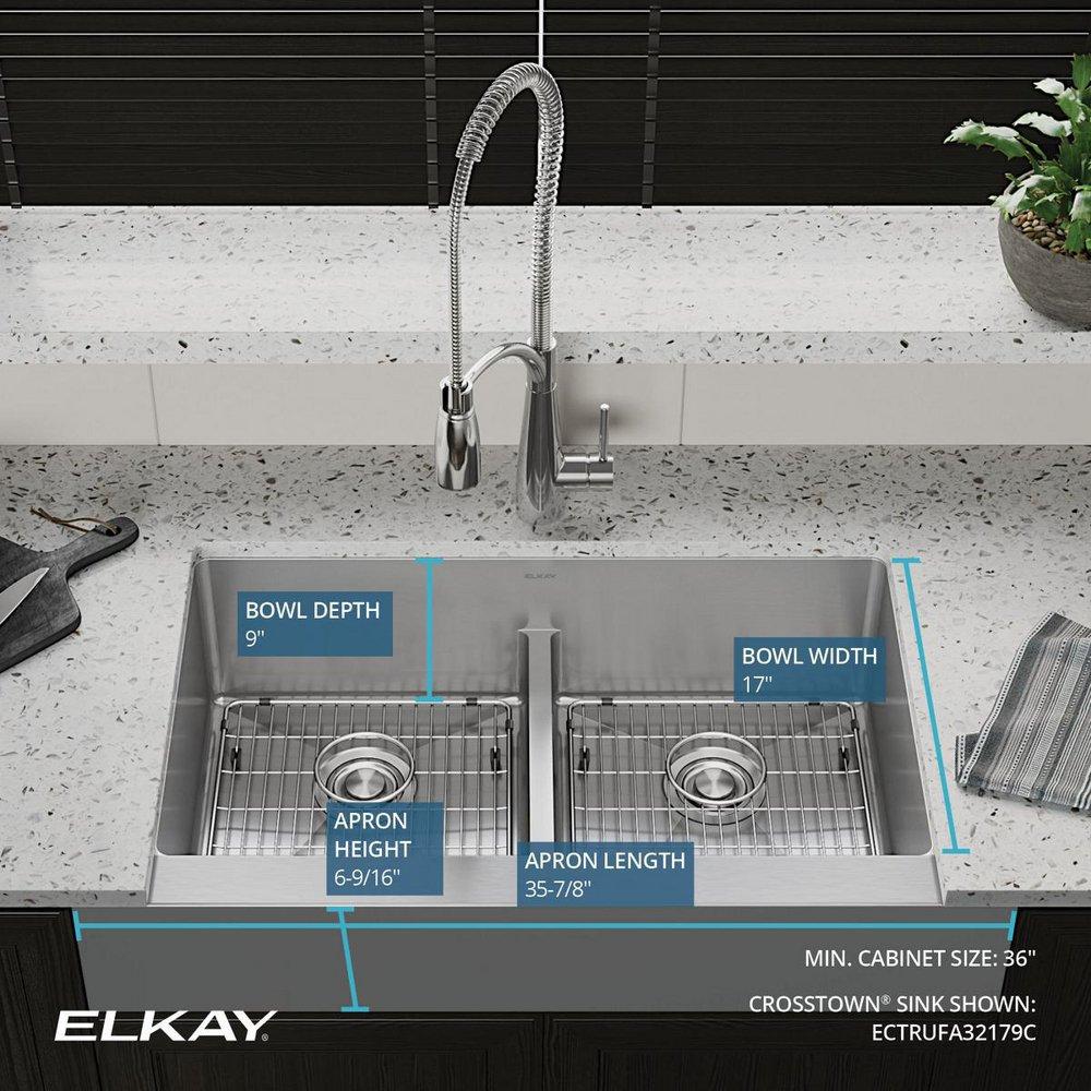 Elkay Polished Satin 35-7/8 x 20-1/4 in. Stainless Steel Double Bowl Farmhouse Kitchen Sink with Sound Dampening and Aqua Divide 