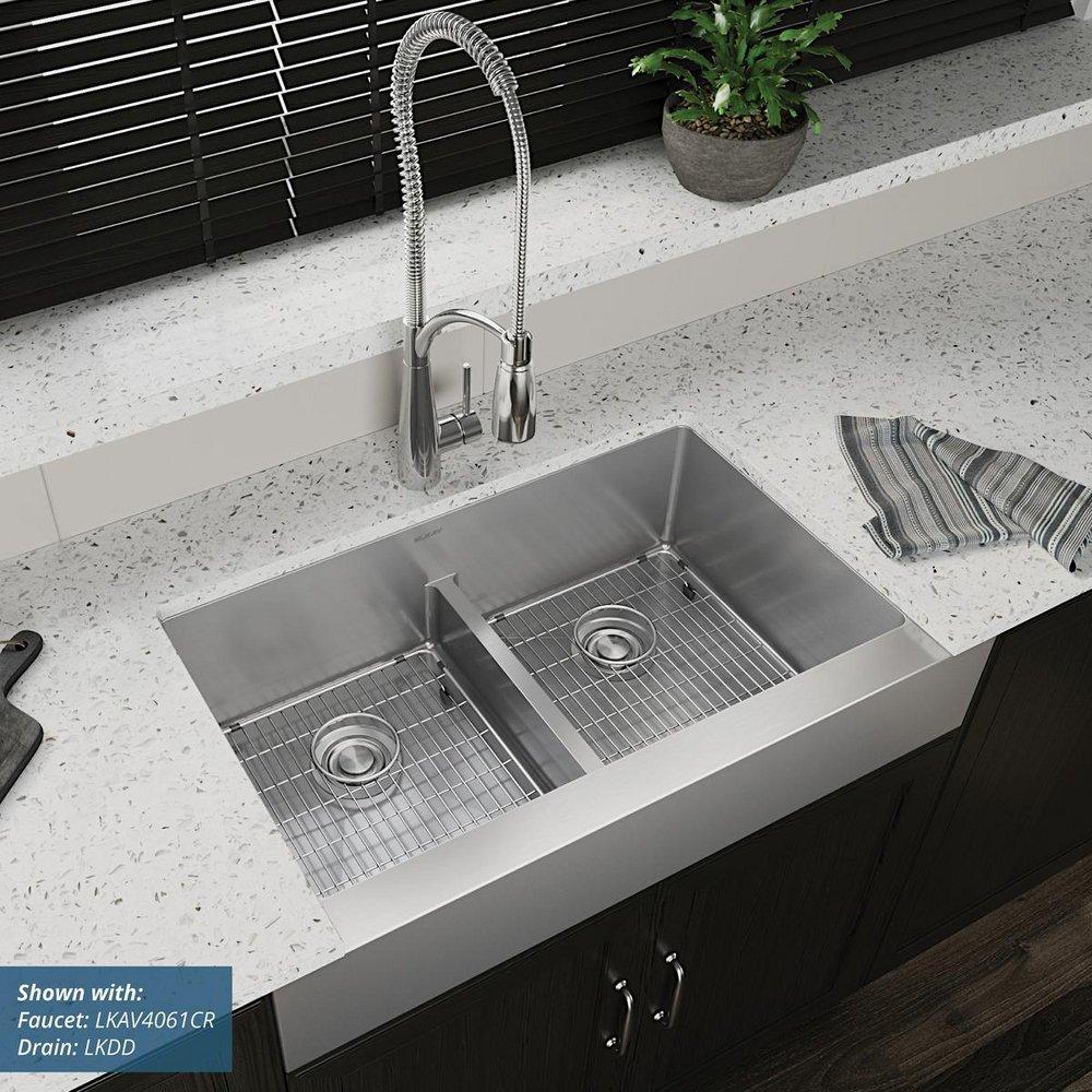 Elkay Polished Satin 35-7/8 x 20-1/4 in. Stainless Steel Double Bowl Farmhouse Kitchen Sink with Sound Dampening and Aqua Divide 