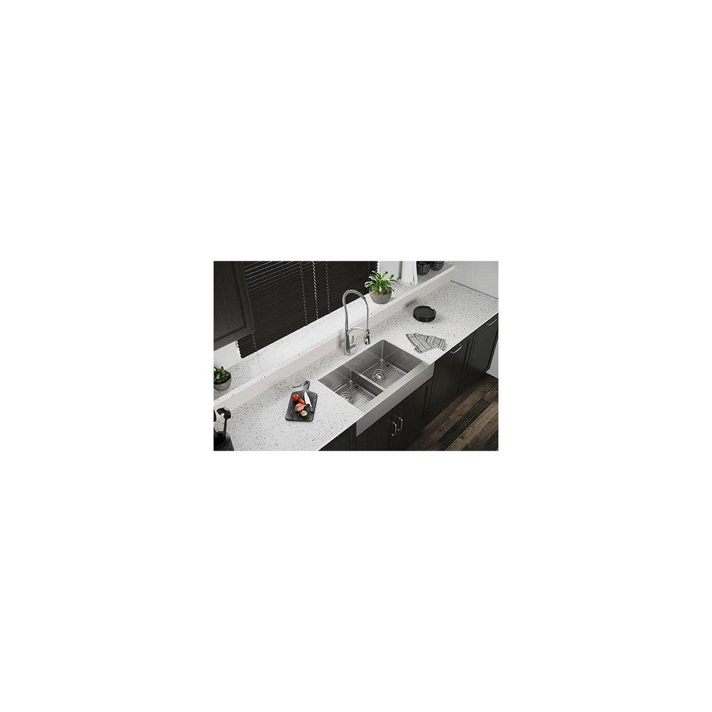 Elkay Polished Satin 35-7/8 x 20-1/4 in. Stainless Steel Double Bowl Farmhouse Kitchen Sink with Sound Dampening and Aqua Divide 