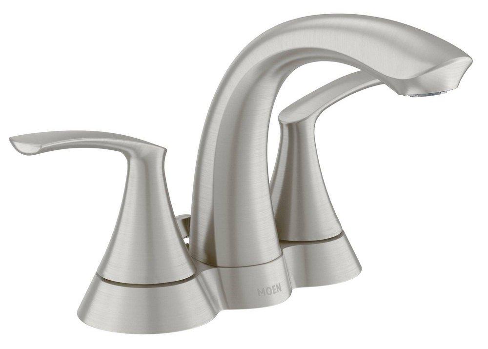 Moen Spot Resist Brushed Nickel Deck Mount Centerset Bathroom Sink Faucet with Double Lever Handle with Low-Arc Spout 