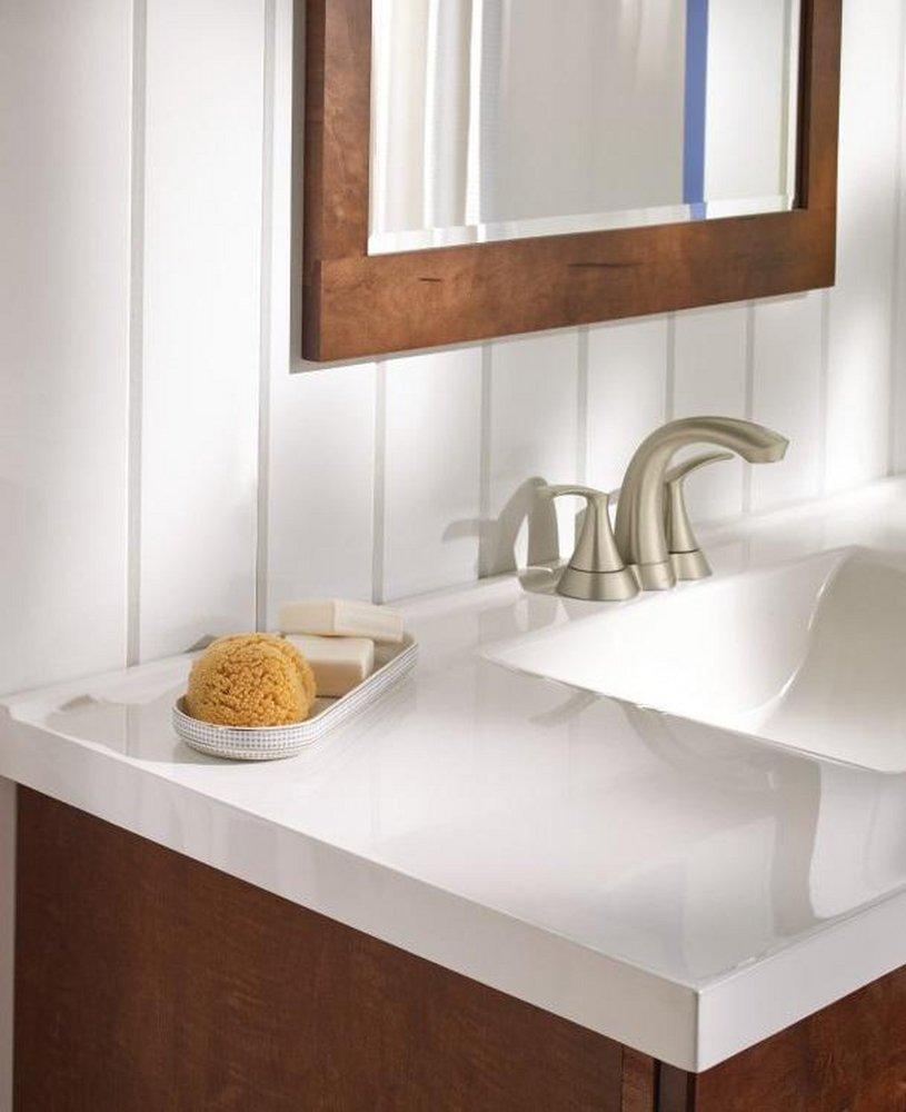 Moen Spot Resist Brushed Nickel Deck Mount Centerset Bathroom Sink Faucet with Double Lever Handle with Low-Arc Spout 