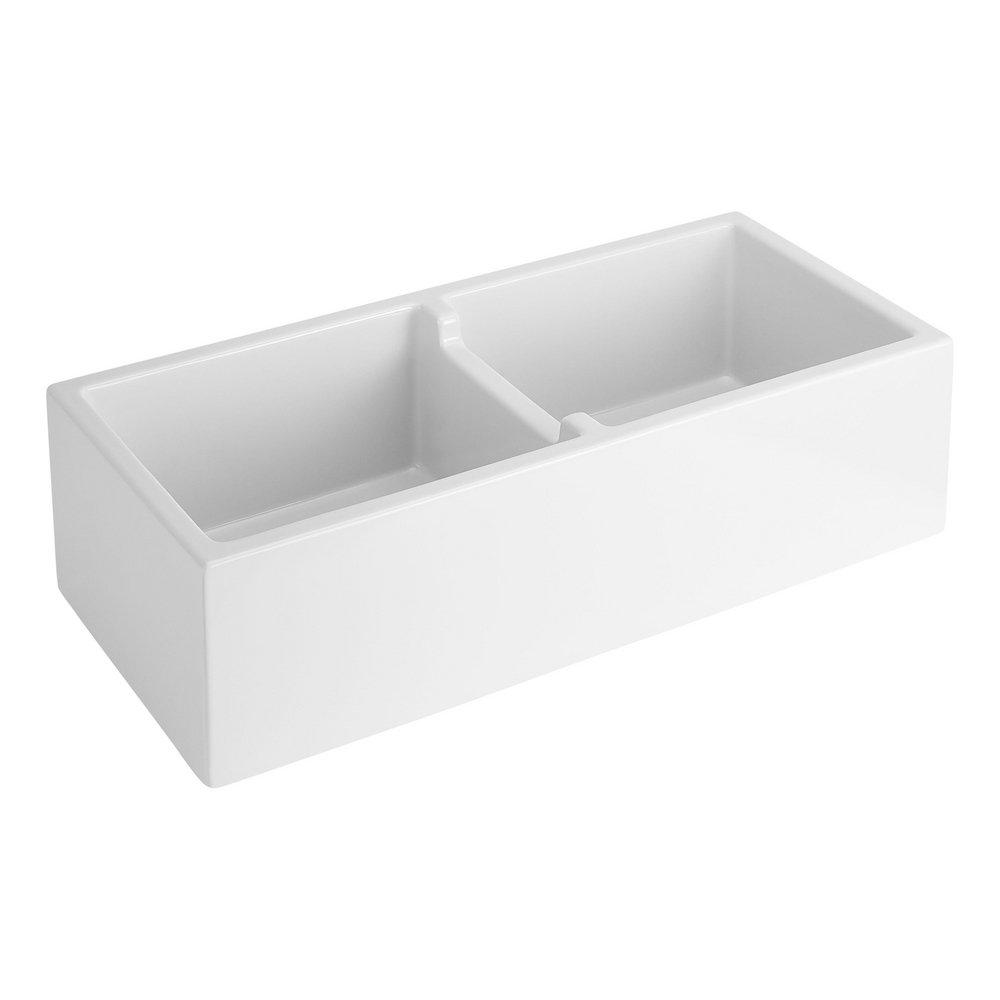 Signature Hardware White 39-1/4 x 18-1/2 in. Fireclay Double Bowl Farmhouse Kitchen Sink 