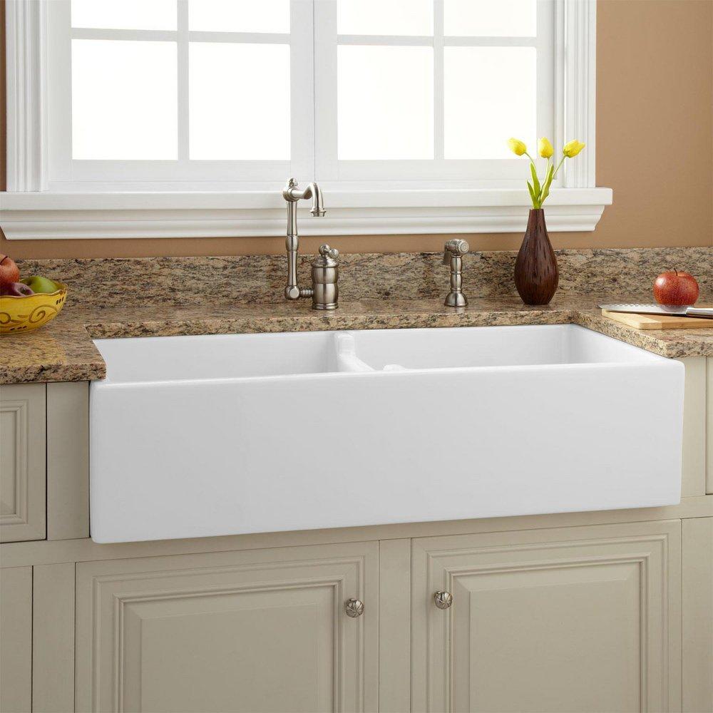 Signature Hardware White 39-1/4 x 18-1/2 in. Fireclay Double Bowl Farmhouse Kitchen Sink 