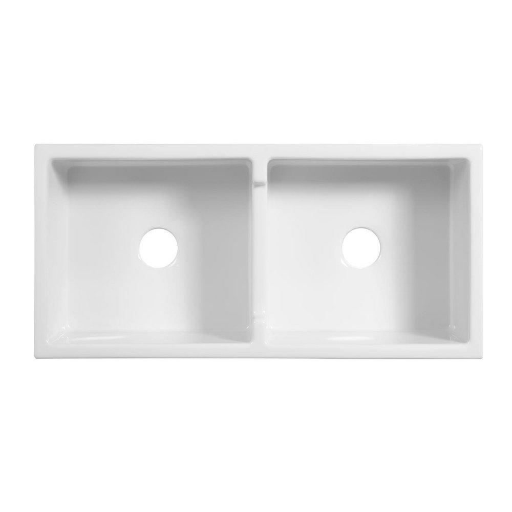 Signature Hardware White 39-1/4 x 18-1/2 in. Fireclay Double Bowl Farmhouse Kitchen Sink 