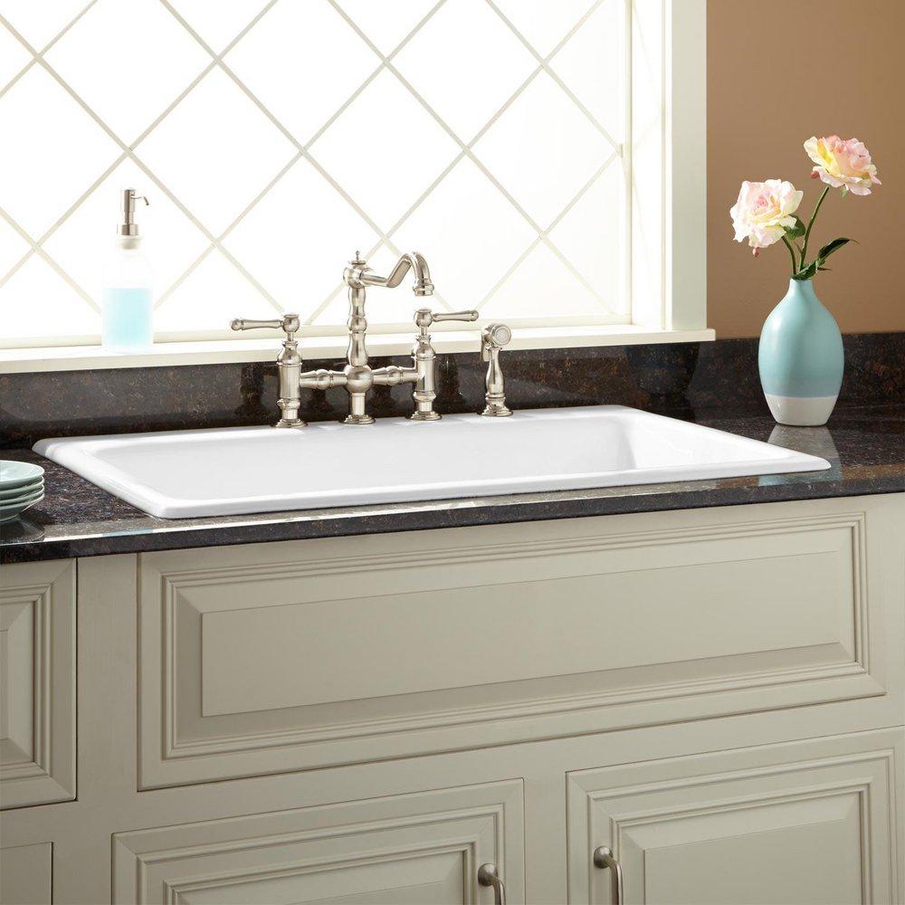 Signature Hardware White 35-3/4 x 21-7/8 in. 3 Hole Cast Iron Single Bowl Drop-in Kitchen Sink 