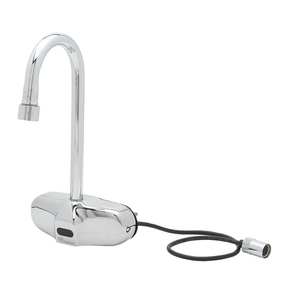 T&S Brass Chrome Plated 1/2 in. 2.2 gpm 2-Hole Wall Mount Electronic Faucet with Gooseneck Spout 4-1/8 in. Reach and Vandal Resistant Aerator 