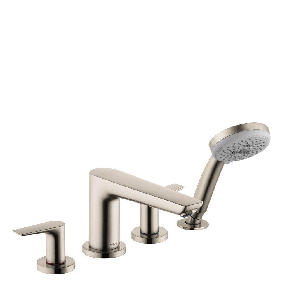 Hansgrohe Brushed Nickel 1.8 gpm 4-Hole Deck Mount Widespread Roman Tub Set Trim with Double Lever Handle, Fixed Spout and Handshower 