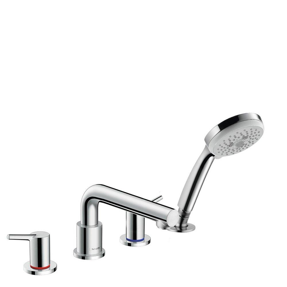 Hansgrohe Chrome 1.8 gpm 4-Hole Deck Mount Widespread Roman Tub Set Trim with Double Lever Handle, Fixed Spout and Handshower 