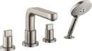 1.75 gpm 4-Hole Deck Mount Widespread Roman Tub Set Trim with Double Lever Handle, Fixed Spout and Handshower in Brushed Nickel