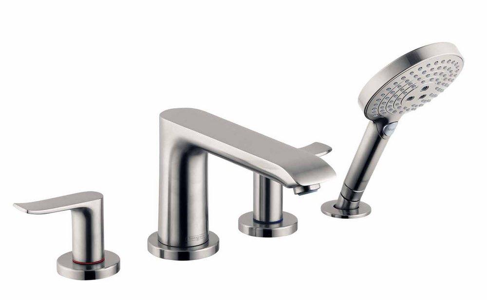 Hansgrohe Brushed Nickel 1.75 gpm 4-Hole Deck Mount Roman Tub Set Trim with Double Lever Handle, Fixed Spout and Handshower 