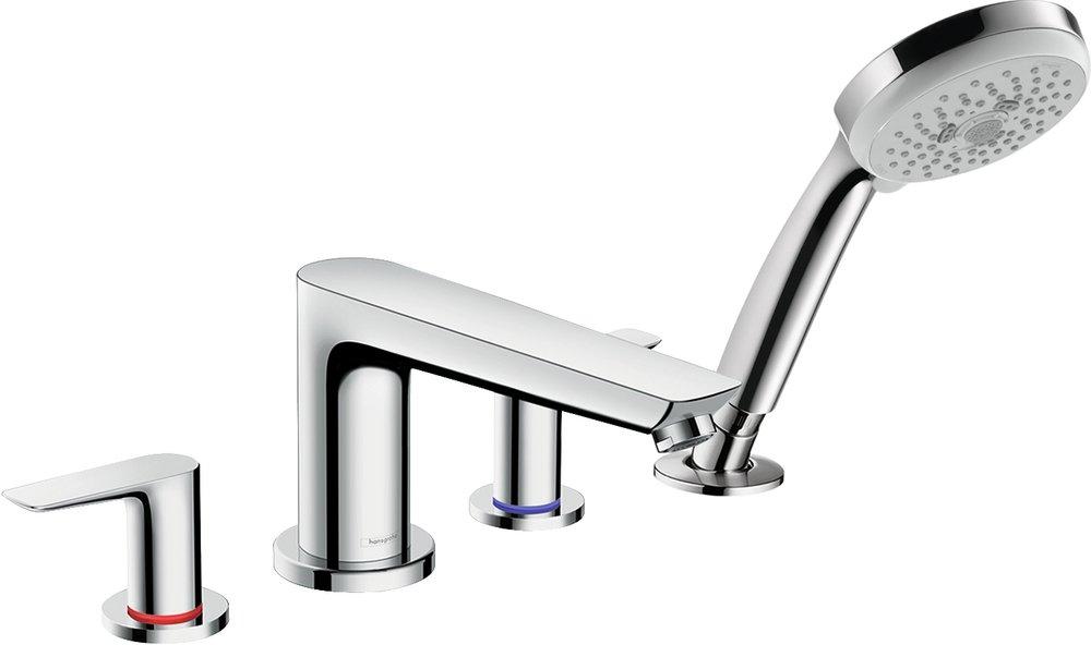 Hansgrohe Chrome 1.8 gpm 4-Hole Deck Mount Widespread Roman Tub Set Trim with Double Lever Handle, Fixed Spout and Handshower 