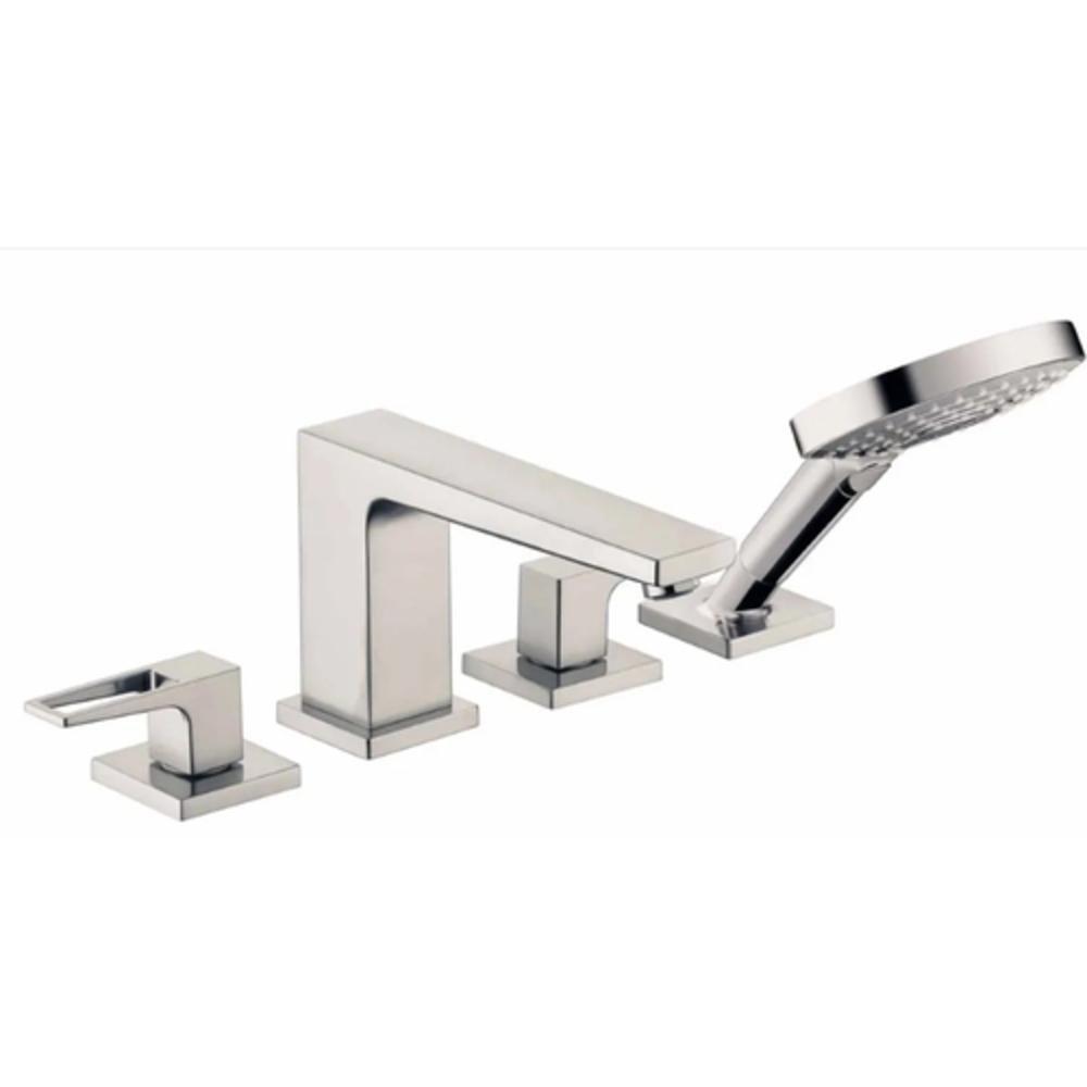 Hansgrohe Brushed Nickel 1.75 gpm 4-Hole Deck Mount Widespread Roman Tub Set Trim with Double Lever Handle, Fixed Spout and Handshower 