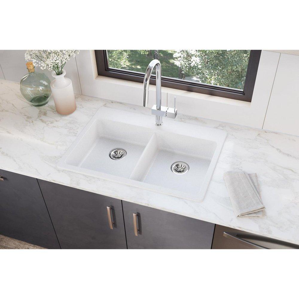 Elkay White 33 x 22 in. No Hole Composite Double Bowl Drop-in Kitchen Sink 