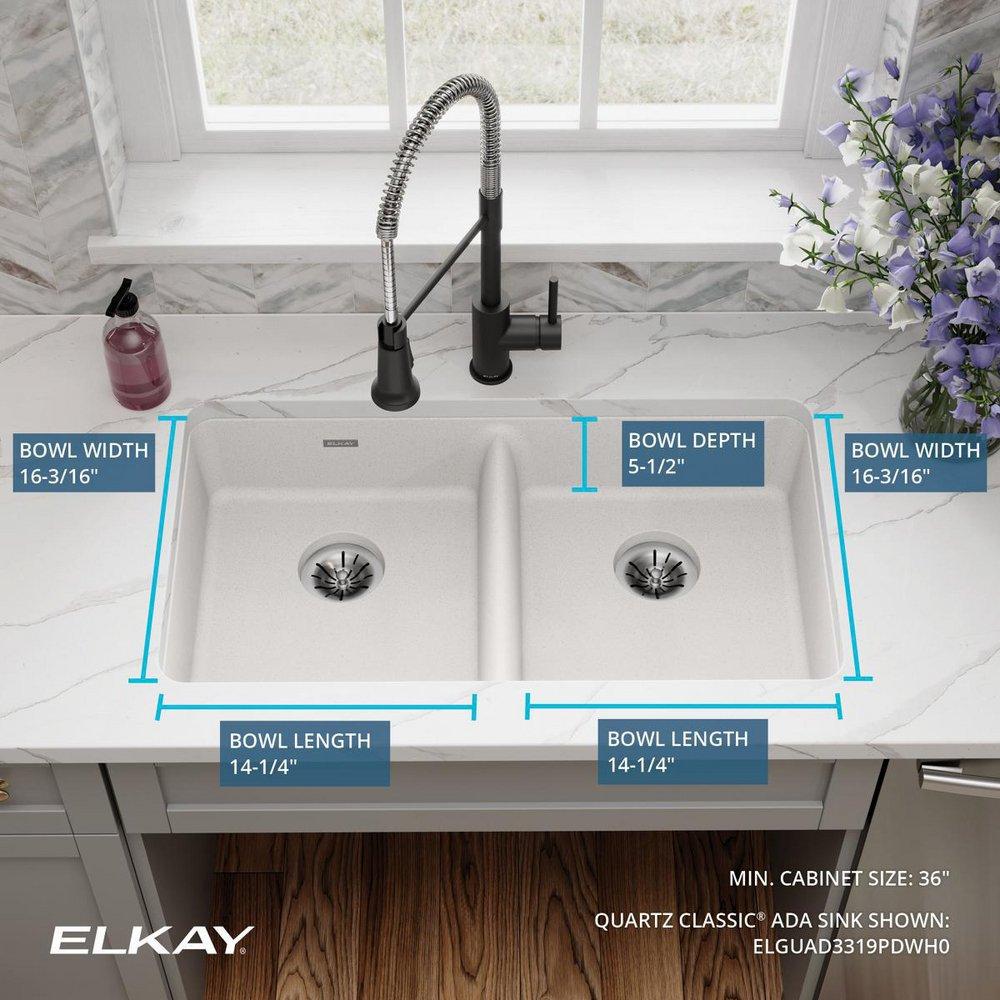 Elkay White 33 x 18-1/2 in. No Hole Composite Double Bowl Undermount Kitchen Sink 