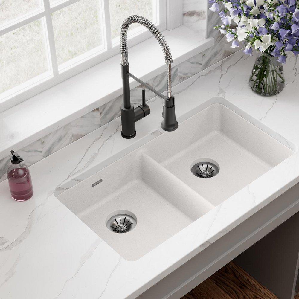 Elkay White 33 x 18-1/2 in. No Hole Composite Double Bowl Undermount Kitchen Sink 