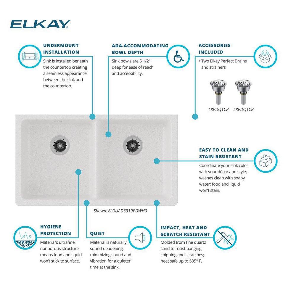 Elkay White 33 x 18-1/2 in. No Hole Composite Double Bowl Undermount Kitchen Sink 