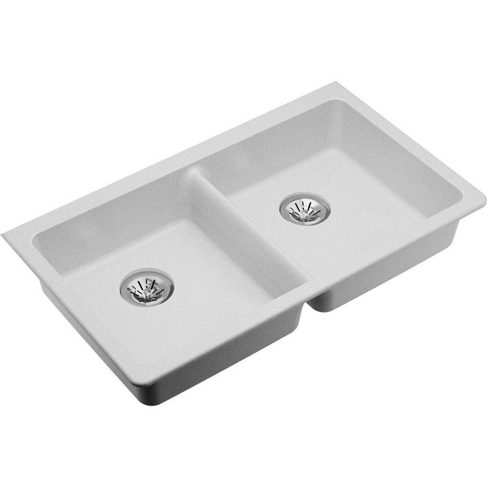 Elkay White 33 x 18-1/2 in. No Hole Composite Double Bowl Undermount Kitchen Sink 