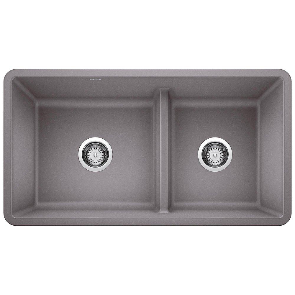 BLANCO Metallic Grey 33 x 18 in. No Hole Composite Double Bowl Undermount Kitchen Sink 