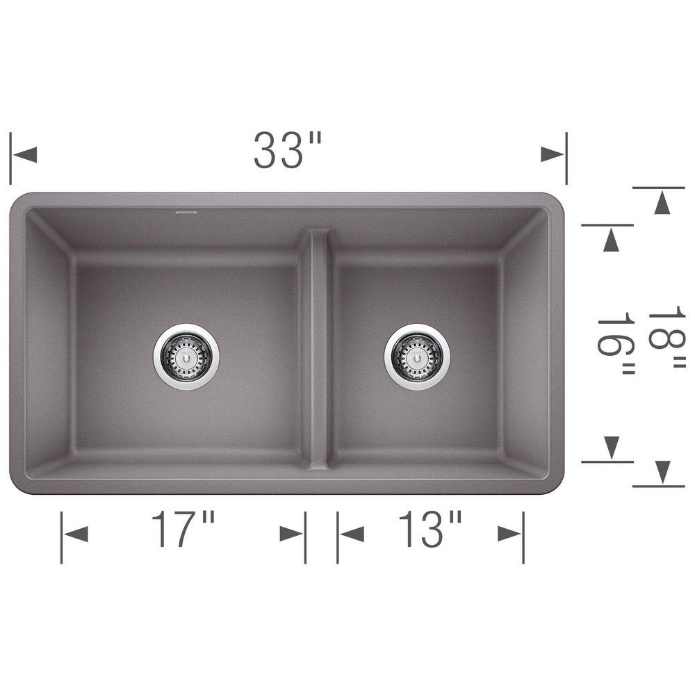 BLANCO Metallic Grey 33 x 18 in. No Hole Composite Double Bowl Undermount Kitchen Sink 