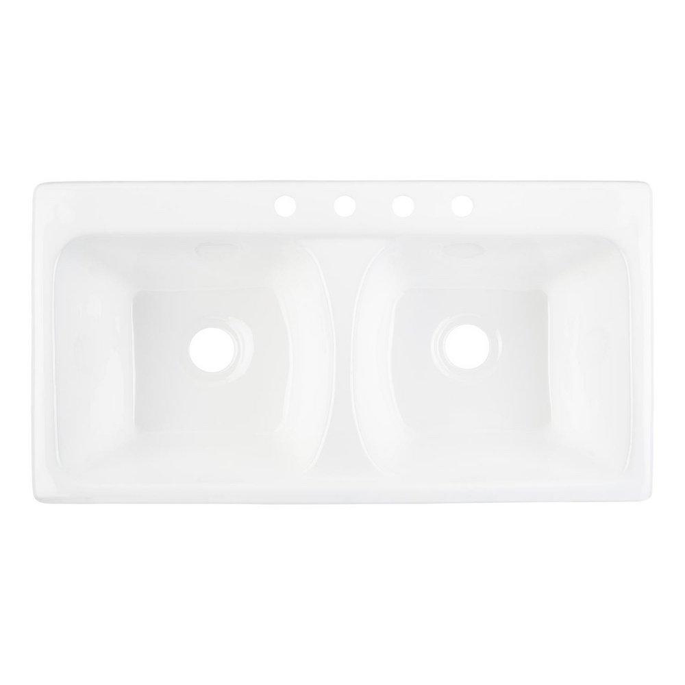 Signature Hardware White 43 x 22 in. 3 Hole Cast Iron Double Bowl Drop-in Kitchen Sink 
