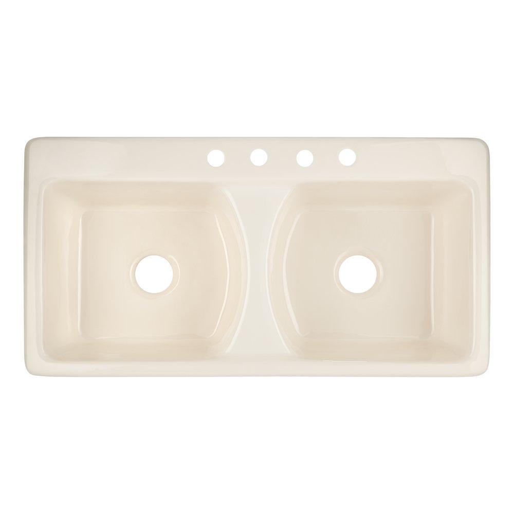 Signature Hardware Biscuit 43 x 22 in. 3 Hole Cast Iron Double Bowl Drop-in Kitchen Sink 