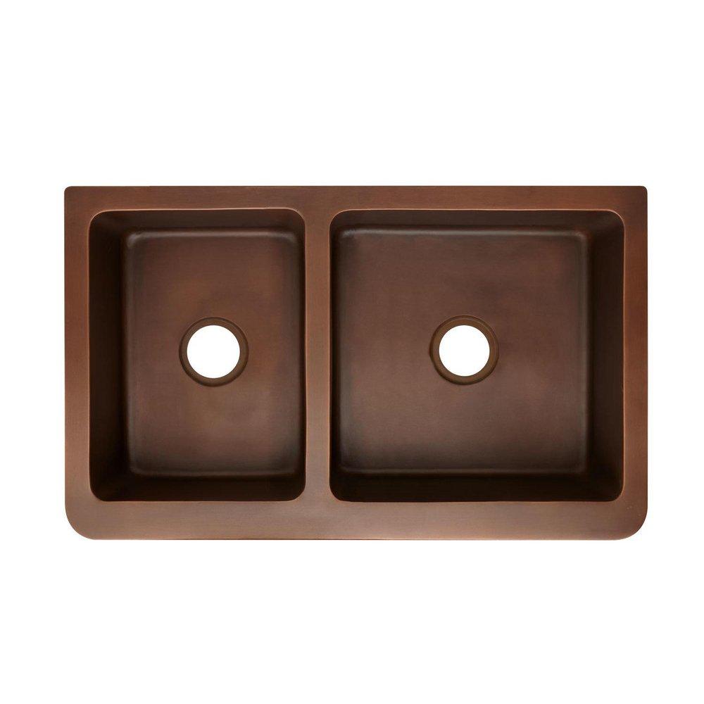 Signature Hardware Antique Copper 33 x 21-3/4 in. Copper Double Bowl Farmhouse Kitchen Sink 