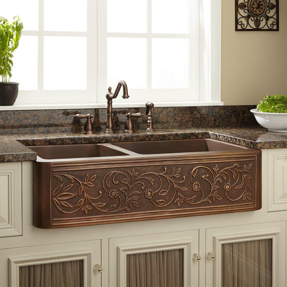Signature Hardware Antique Copper 33 x 21-3/4 in. Copper Double Bowl Farmhouse Kitchen Sink 