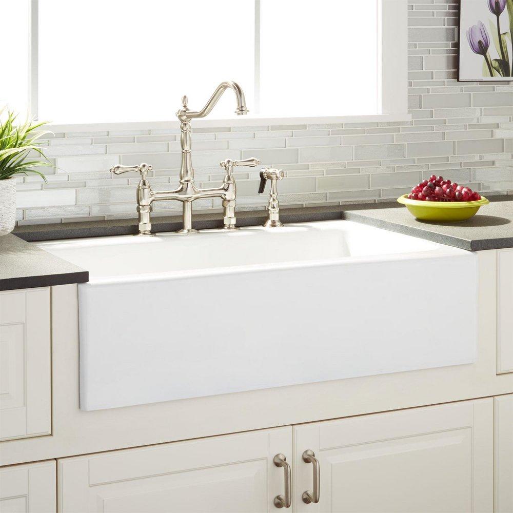 Signature Hardware White 33 x 22-1/8 in. 4 Hole Cast Iron Single Bowl Farmhouse Kitchen Sink 