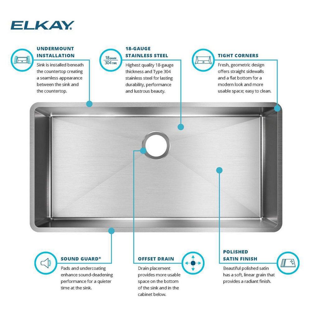 Elkay Polished Satin 36-1/2 x 18-1/2 in. No Hole Stainless Steel Single Bowl Undermount Kitchen Sink 